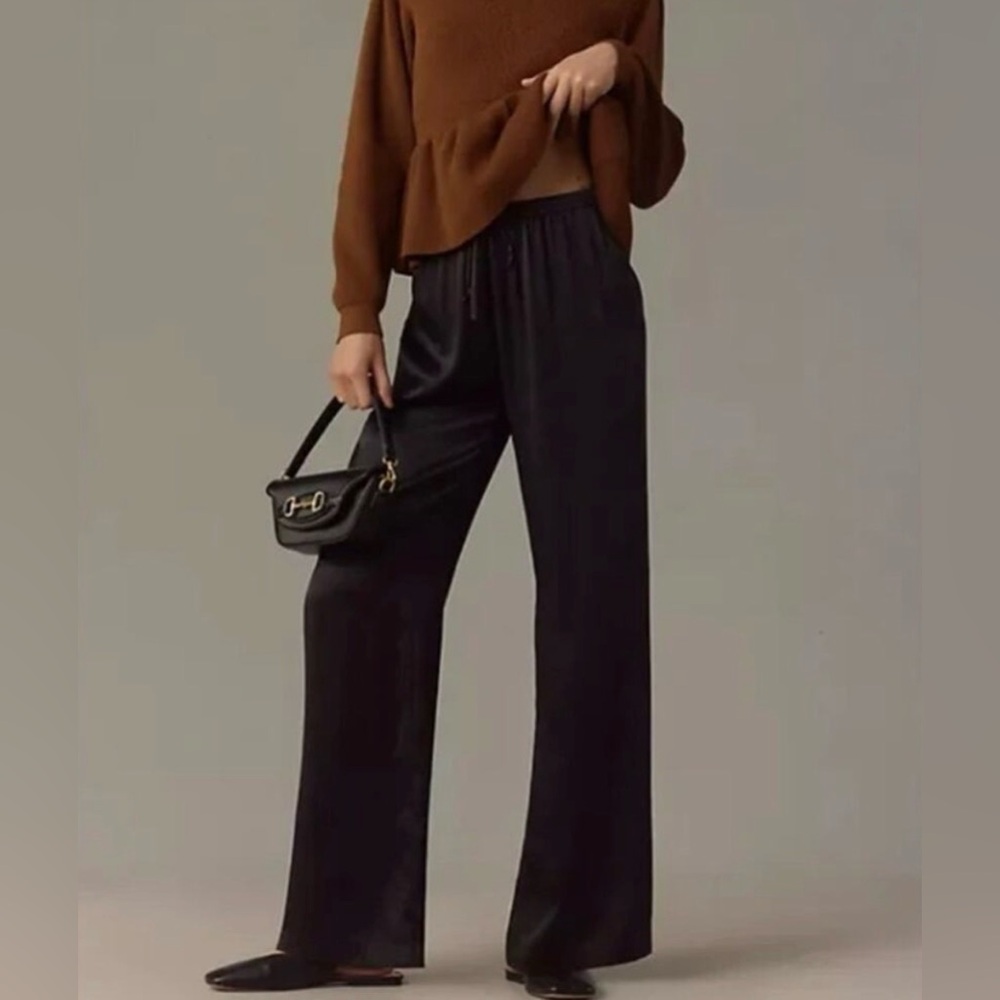 Reformation Black Wide-Leg Satin Pants